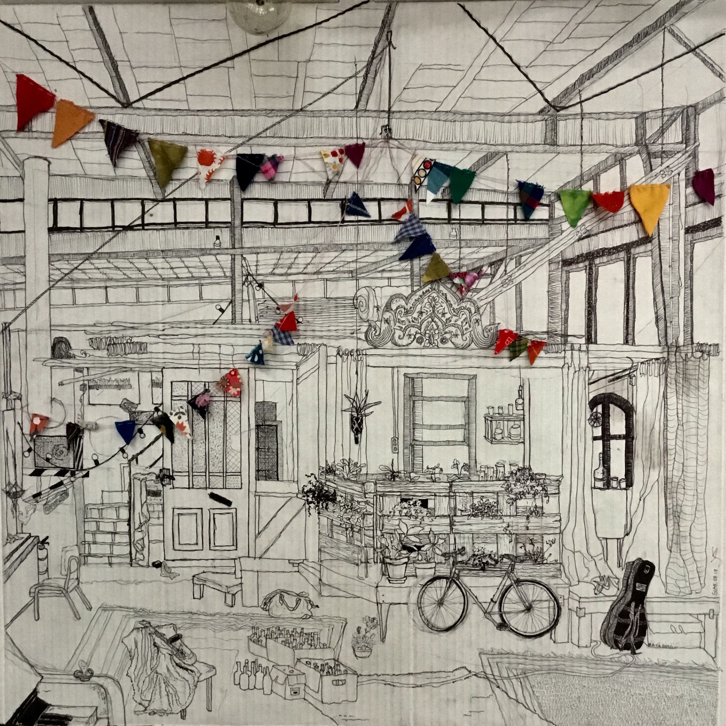 a pen-and-ink drawing of a room strung with bunting, with a bicycle and a guitar case in the foreground.
