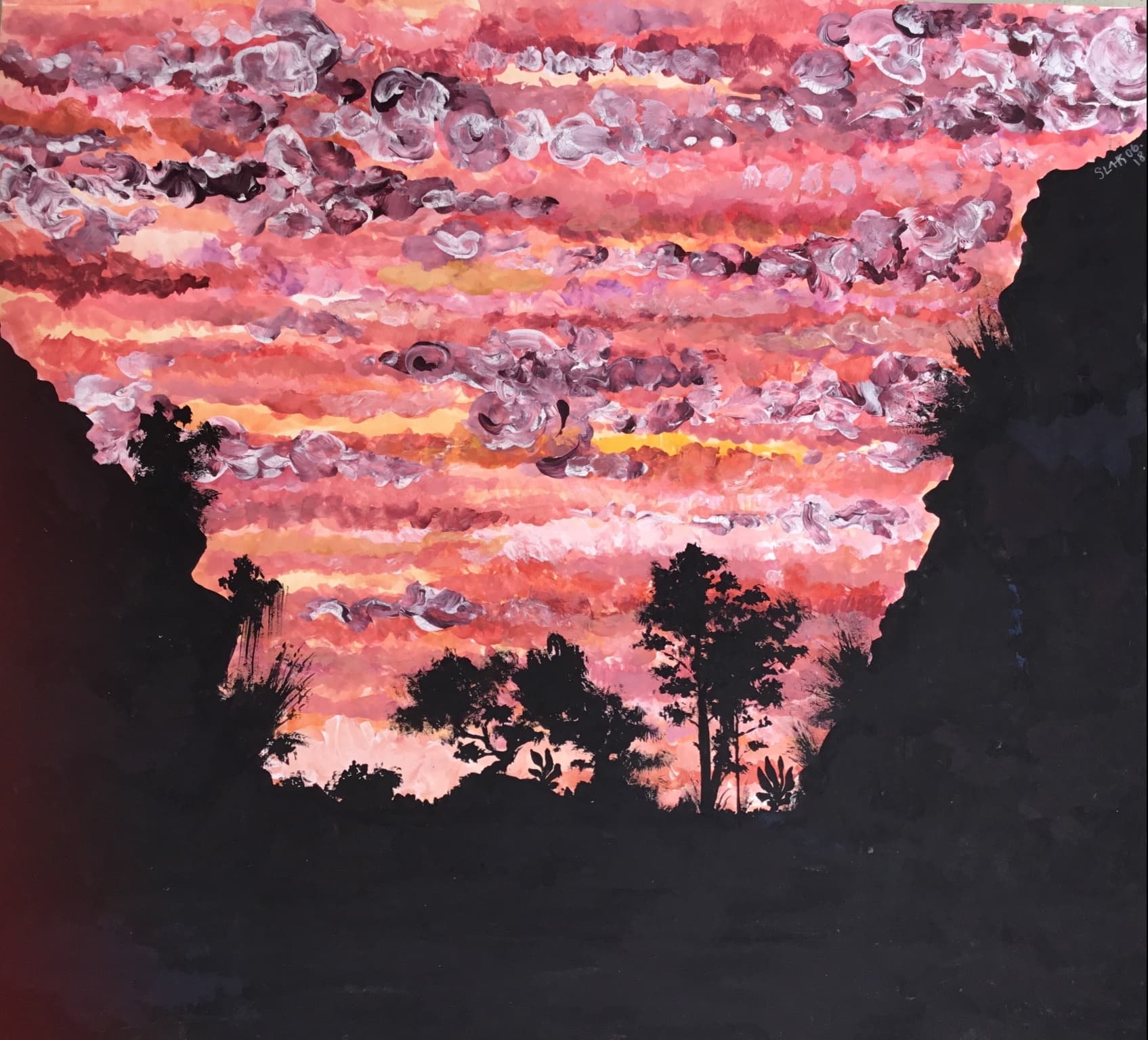 an oil painting of a pink and orange sky above the black shapes of trees.
