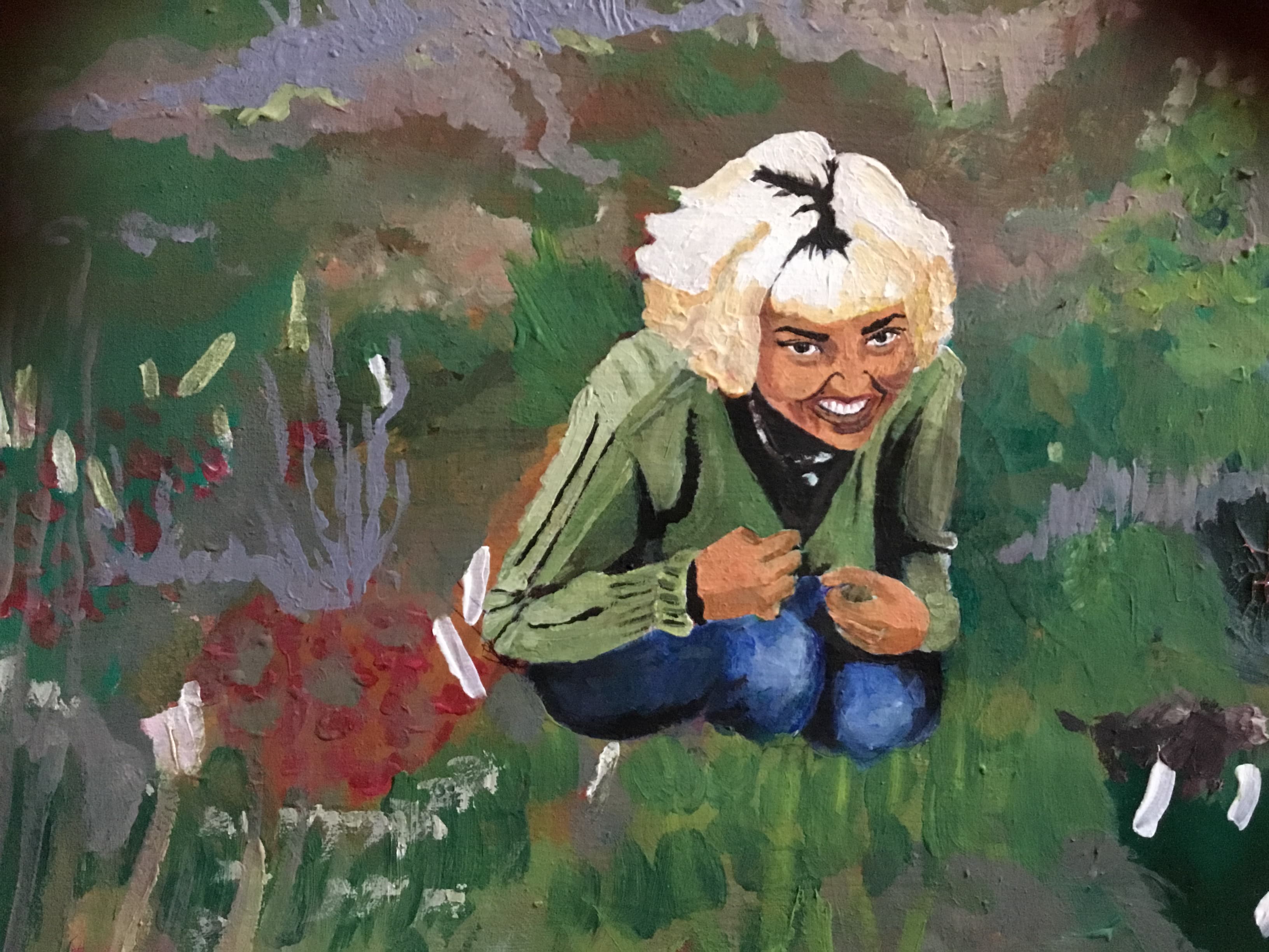 crouching in heather, self portrait, acrylic on canvas, 2019
