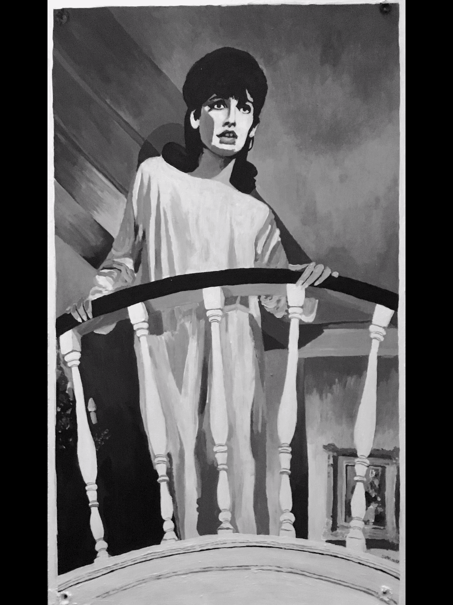a grey painting of a woman in a long pale dress, gripping a balcony railing and looking startled.